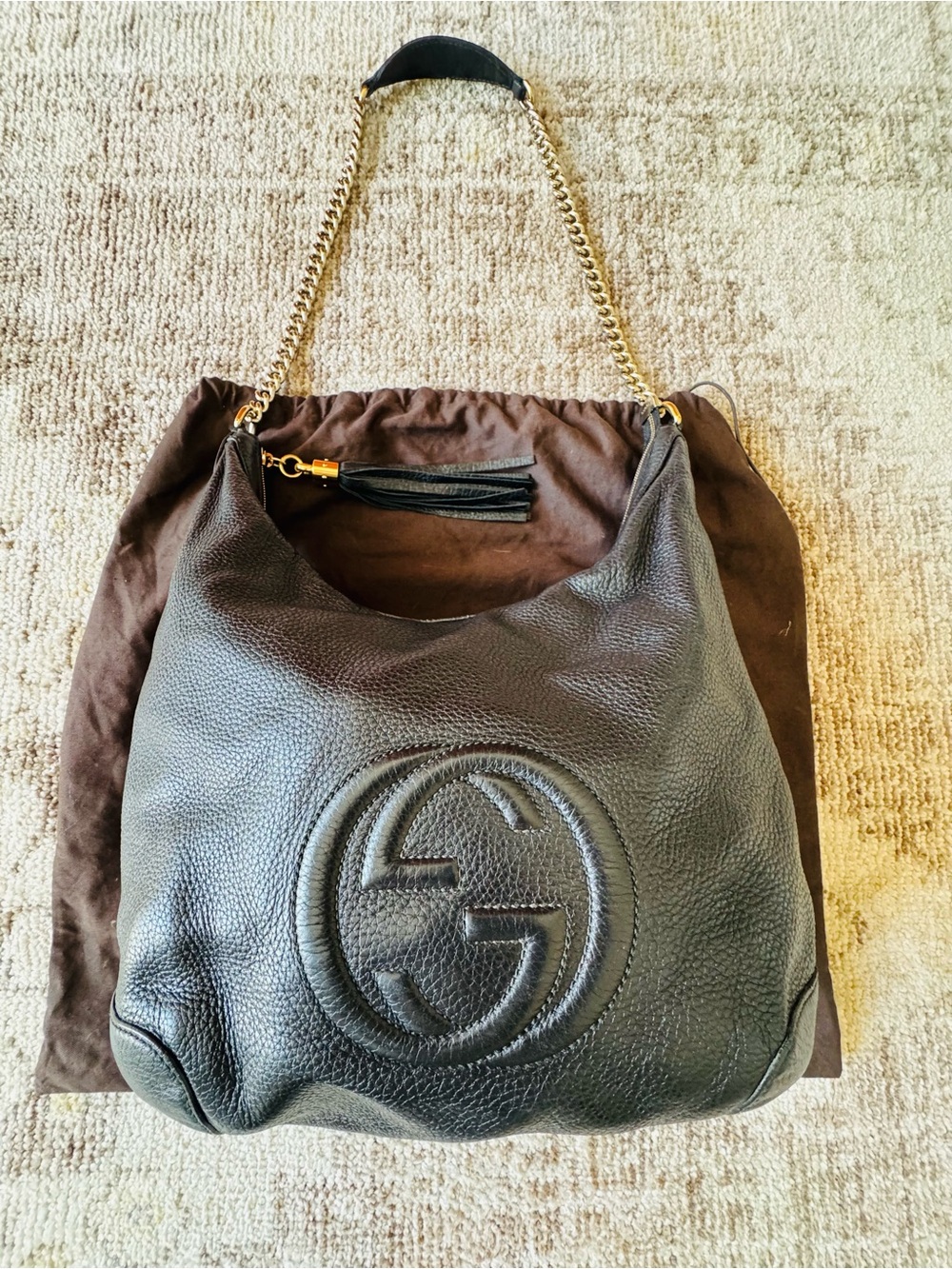 Gucci Black Pebbled  Leather SoHo Hobo Shoulder Bag With Tassel Strap